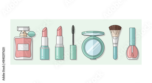 Cosmetic Products Illustration: Perfume Lipstick Mascara and More.