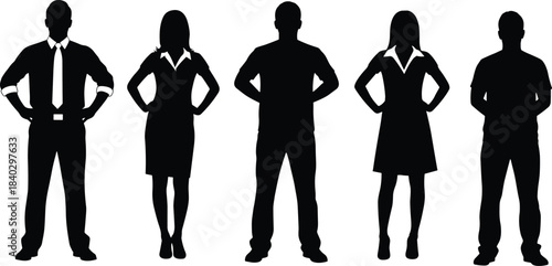 Confident business men and women silhouette standing with hands on hips power pose isolated on white background leadership illustration set