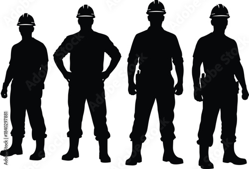 Construction worker silhouettes wearing safety helmets standing confident in industrial poses, labor team illustration isolated on white background