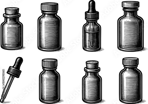 Vintage apothecary bottles and droppers set in hand drawn style