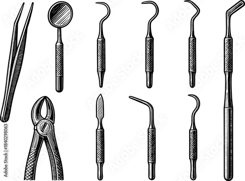 Set of detailed vintage dental tools with hand drawn engraving style
