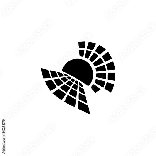 Abstract black and white graphic depicting a sun-like disk and a grid pattern, symbolizing energy, technology, and connection. isolated on transparent background
