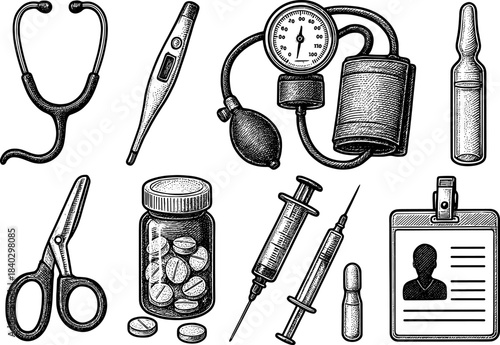 Hand-drawn medical tools collection: retro design of healthcare instruments