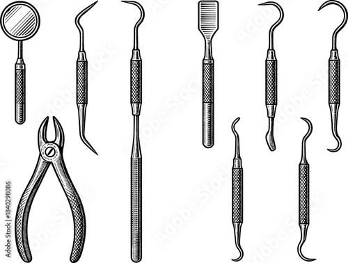 Monochrome dental tools collection: detailed hand-drawn instrument set