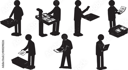 Black Solid Taxi Driver Admin and Paperwork Silhouettes Set of Six on White Background