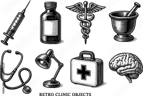Vintage medical tools collection featuring retro syringe and apothecary elements