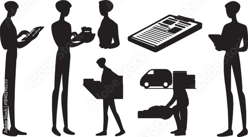 Black Solid Taxi Driver Admin and Paperwork Silhouettes Set of Six on White Background