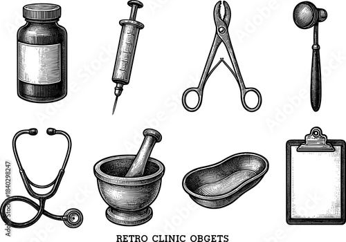 Vintage medical tools set with retro aesthetic for healthcare and medicine themes