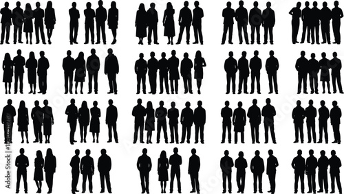 Group of people silhouette collections standing together in small teams, mixed men and women social and business gathering isolated on white background illustration