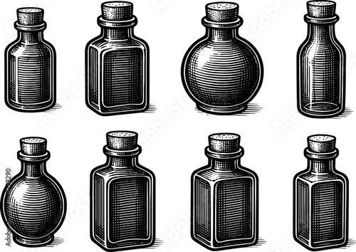 Vintage glass bottle collection in engraved style with cork stoppers