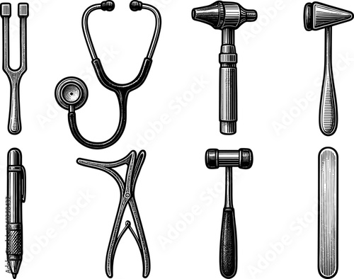 Vintage medical tools collection: retro diagnostic instruments art design