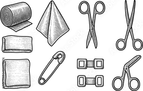 Vintage medical supplies: bandages, scissors, pins, and clips in retro style