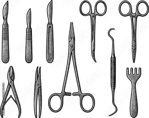 Vintage medical instruments: detailed engraved surgical tools collection