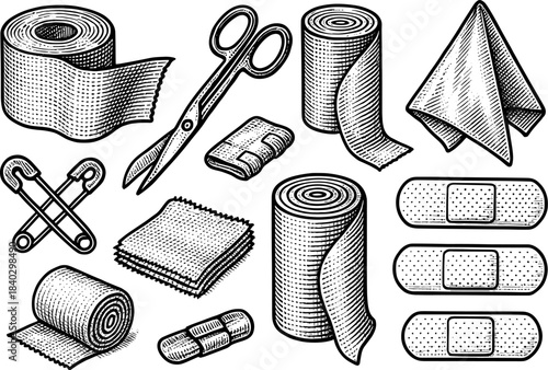 Vintage first aid kit supplies with bandages and scissors