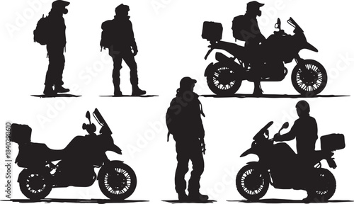 Black Solid Adventure Touring Pause Silhouettes Set of Six on White Background