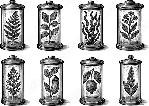 Vintage botanical specimens in glass jars engraving