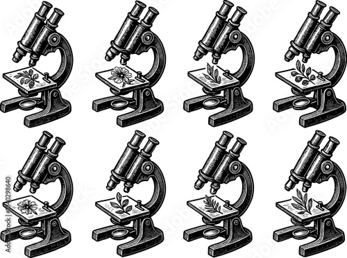 Vintage microscopes with botanical samples in retro engraving style