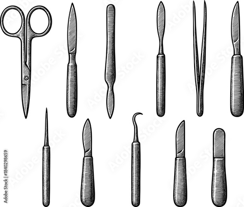 Vintage engraving style surgical instruments collection in monochrome
