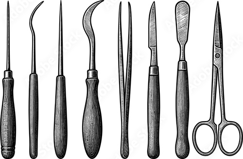 Vintage surgical tools set with detailed engravings in black and white