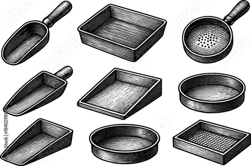 Vintage engraved kitchen utensils set with rectangular and circular designs
