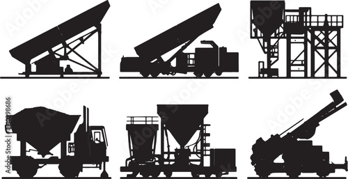 Black Solid Aggregate Processing Machines Silhouettes Set of Six on White Background