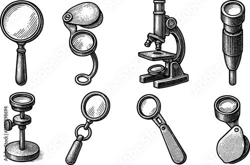 Vintage magnifying glasses and microscopes in hand drawn style on white background