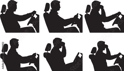 Black Solid Taxi Driver Alertness and Focus Postures Set of Six on White Background