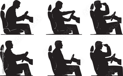 Black Solid Taxi Driver Alertness and Focus Postures Set of Six on White Background