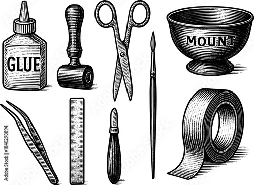 Vintage engraving style art supplies collection with scissors and glue