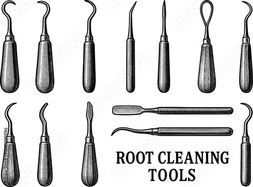 Vintage dental root cleaning tools collection in monochrome engraving style