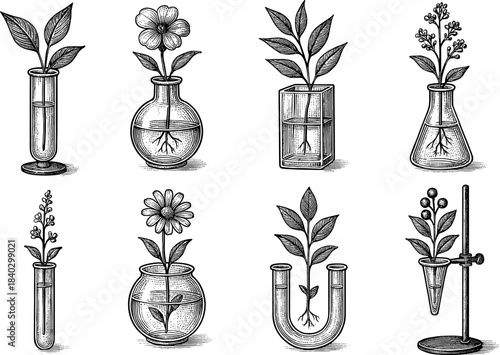 Botanical lab elements: vintage engraved plant and flask designs