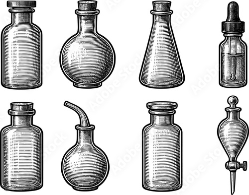 Vintage glass bottle collection: classic apothecary flask designs in engraved style