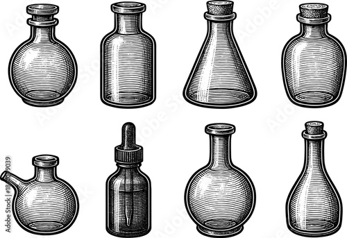 Vintage glass bottles collection in detailed engraving style