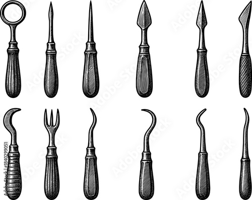 Vintage carving tools set with detailed engraved handles in monochrome style