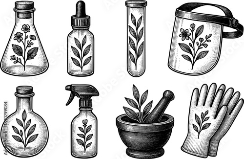 Botanical elements in laboratory equipment with herbal motifs in engraved style