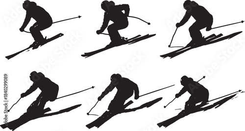 Black Solid Alpine Deep Carved Turns Silhouettes Set of Six on White Background