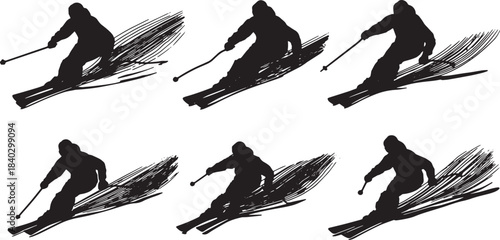 Black Solid Alpine Deep Carved Turns Silhouettes Set of Six on White Background