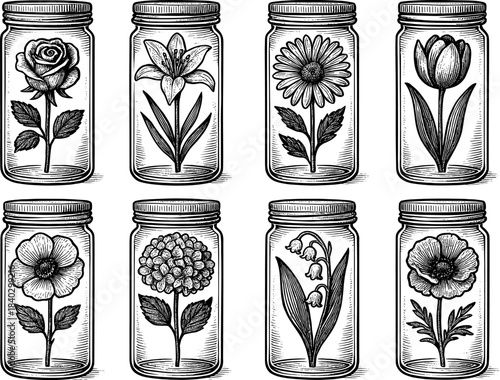 Intricate black and white floral jars with detailed botanical drawings
