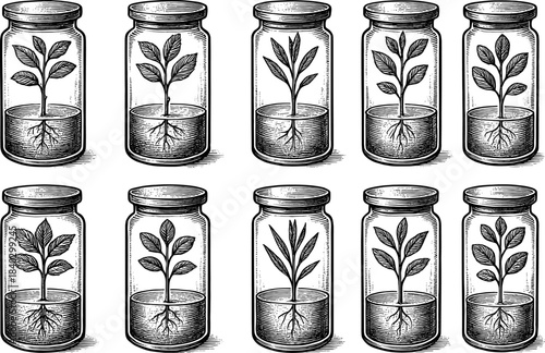 Vintage botanical jars with plants and roots in monochrome etching style