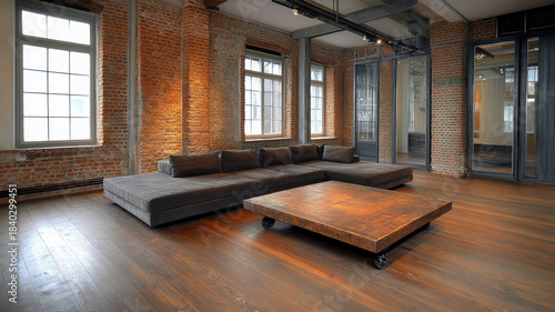 Industrial loft living room with exposed brick wall, large windows, brown sofa, wooden table