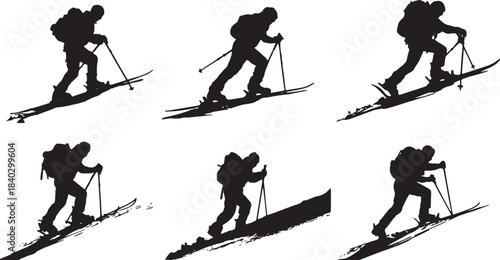 Black Solid Backcountry Crampon Climb Silhouettes Set of Six on White Background