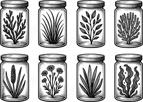 Vintage botanical jars collection featuring elegant plants in glass containers