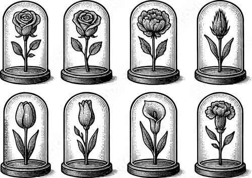 Intricate floral glass domes with vintage botanical design