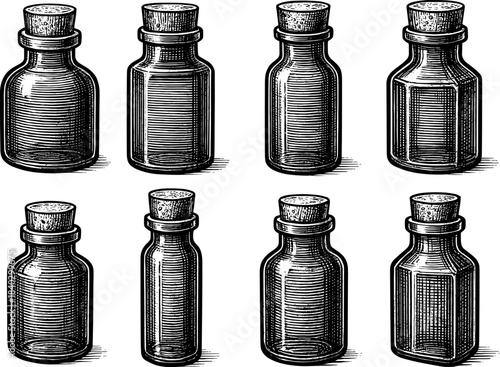 Vintage ink bottle set with cork stoppers in detailed hand drawn style