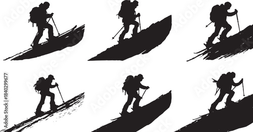 Black Solid Backcountry Crampon Climb Silhouettes Set of Six on White Background