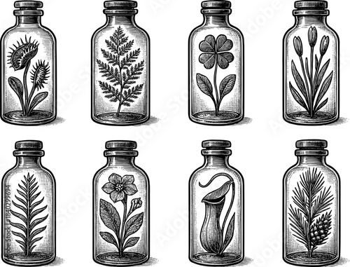 Vintage botanical design with plants in glass bottles for classic natural decor