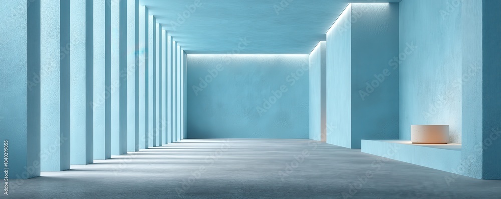 Naklejka premium Minimalist blue hallway interior with geometric columns and soft lighting for calm, modern design