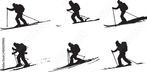 Black Solid Backcountry Skinning Techniques Silhouettes Set of Six on White Background