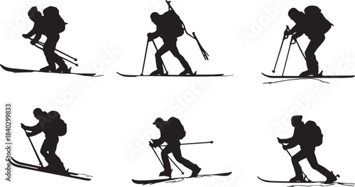 Black Solid Backcountry Skinning Techniques Silhouettes Set of Six on White Background