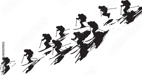 Black Solid Backcountry Steep Hop Turn Descent Silhouettes Set of Six on White Background